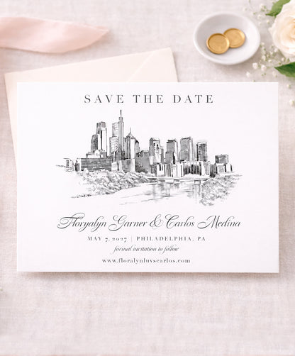 Philadelphia Save the Date Cards – Skyline Wedding Save the Dates, Custom Philadelphia Wedding Cards (Set of 25)