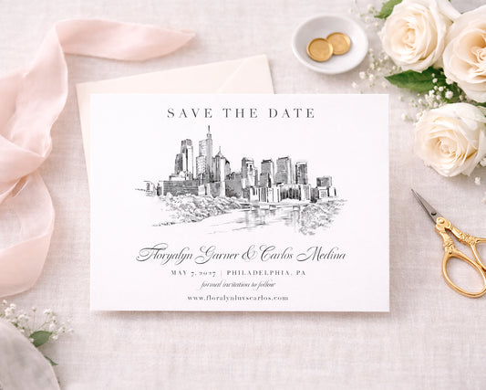 Philadelphia Save the Date Cards – Skyline Wedding Save the Dates, Custom Philadelphia Wedding Cards (Set of 25)