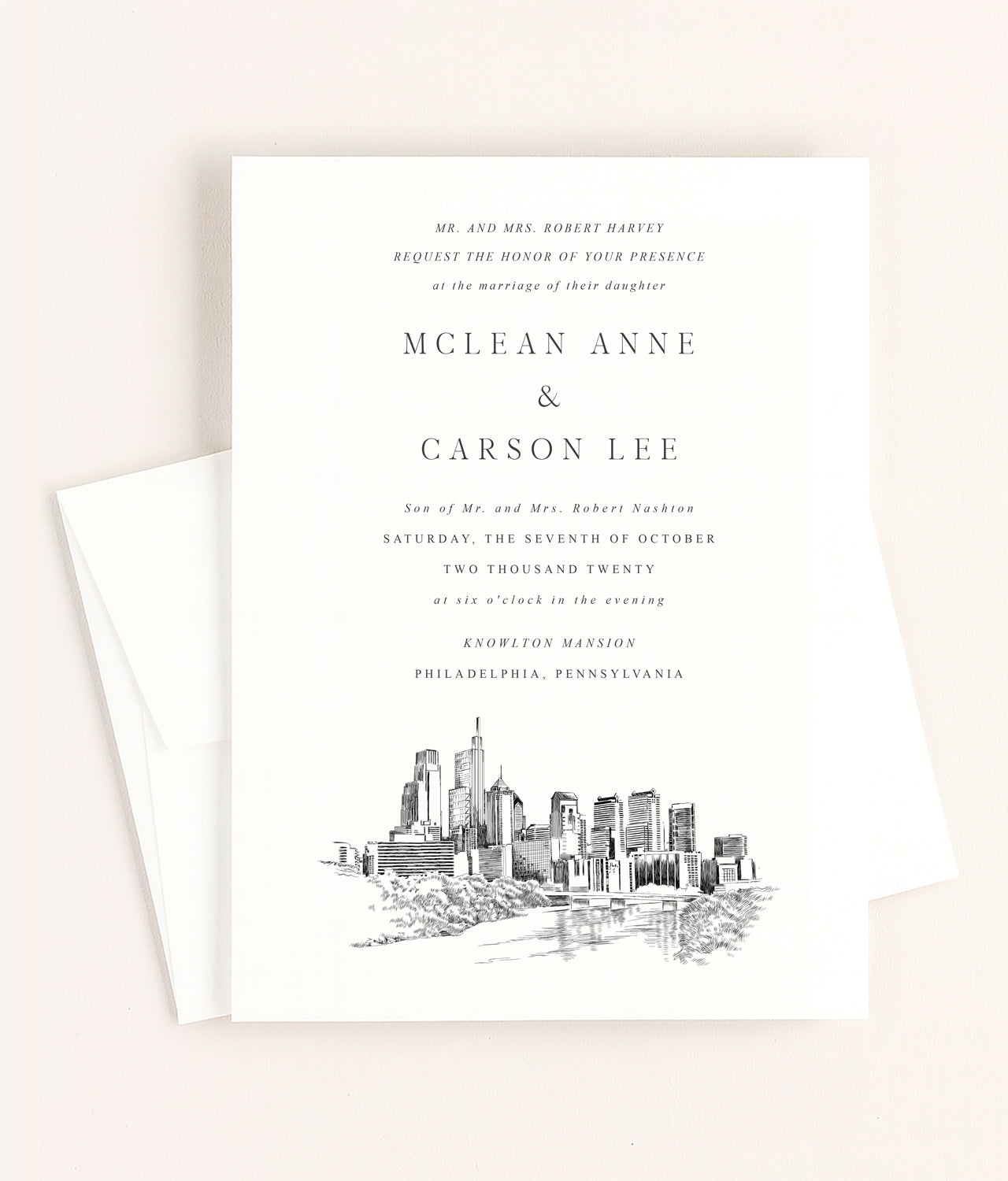 Philadelphia Wedding Invitations Renissance Style Hand-Drawn Custom Illustrated Wedding Suite (Sold in Sets of 10)