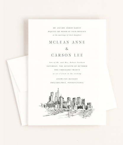 Philadelphia Wedding Invitations Renissance Style Hand-Drawn Custom Illustrated Wedding Suite (Sold in Sets of 10)