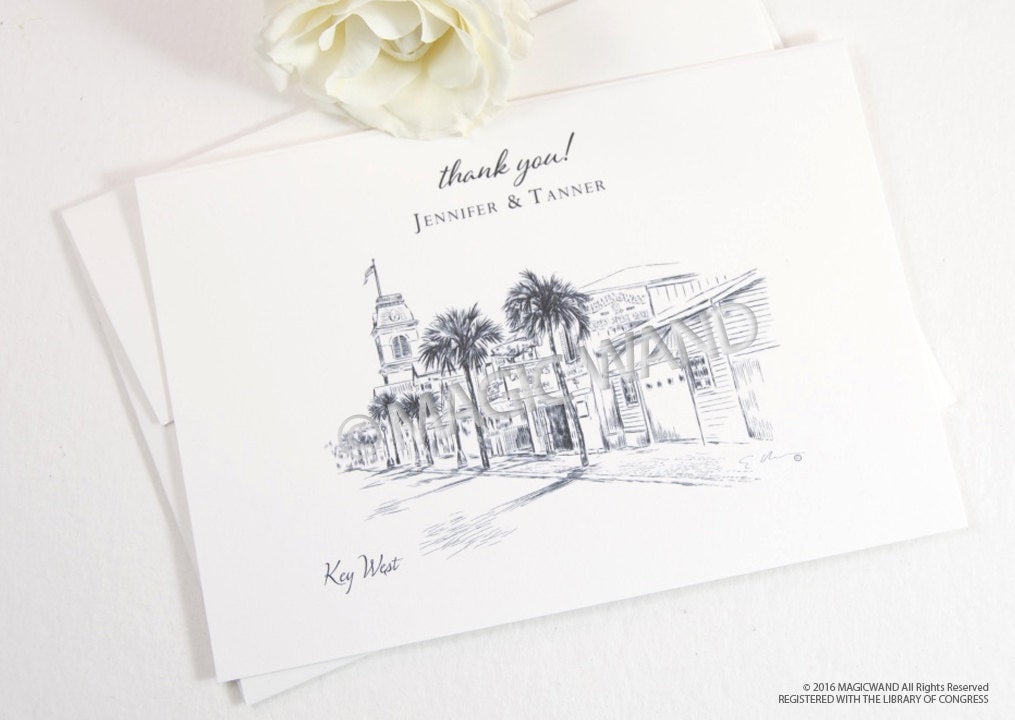 Key West Skyline Wedding Thank You Cards, Personal Note Cards, Bridal Shower Thank you Cards (set of 25 cards)