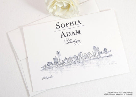 Milwaukee Skyline Wedding Thank You Cards, Personal Note Cards, Bridal Shower Thank you Cards (set of 25 cards)