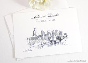 Philadelphia Skyline Wedding Thank You Cards, Personal Note Cards, Bridal Shower Thank you Cards (set of 25 cards)
