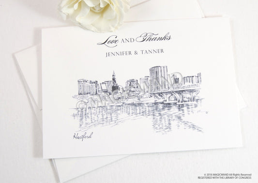 Hartford Skyline Wedding Thank You Cards, Personal Note Cards, Bridal Shower Thank you Cards (set of 25 cards)