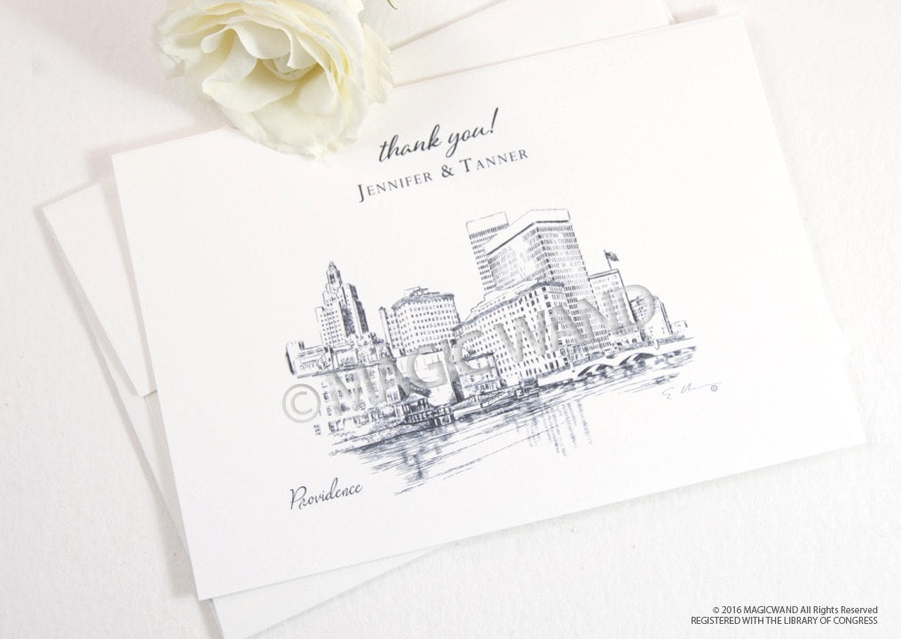 Providence Skyline Wedding Thank You Cards, Personal Note Cards, Bridal Shower Thank you Cards (set of 25 cards)