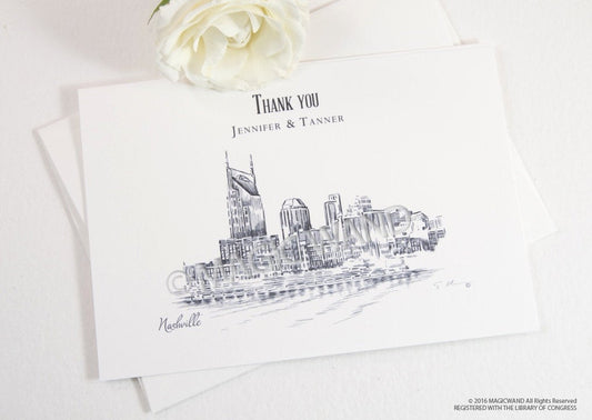 Nashville Skyline Wedding Thank You Cards, Personal Note Cards, Bridal Shower Thank you Cards (set of 25 cards)