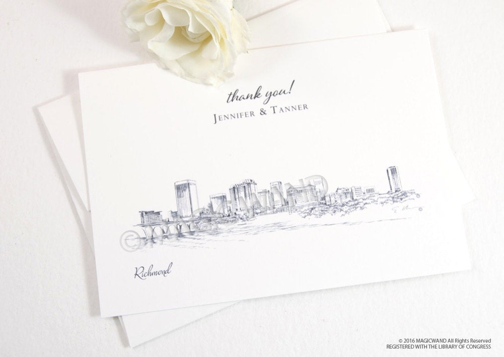 Richmond Skyline Wedding Thank You Cards, Personal Note Cards, Bridal Shower Thank you Cards (set of 25 cards)