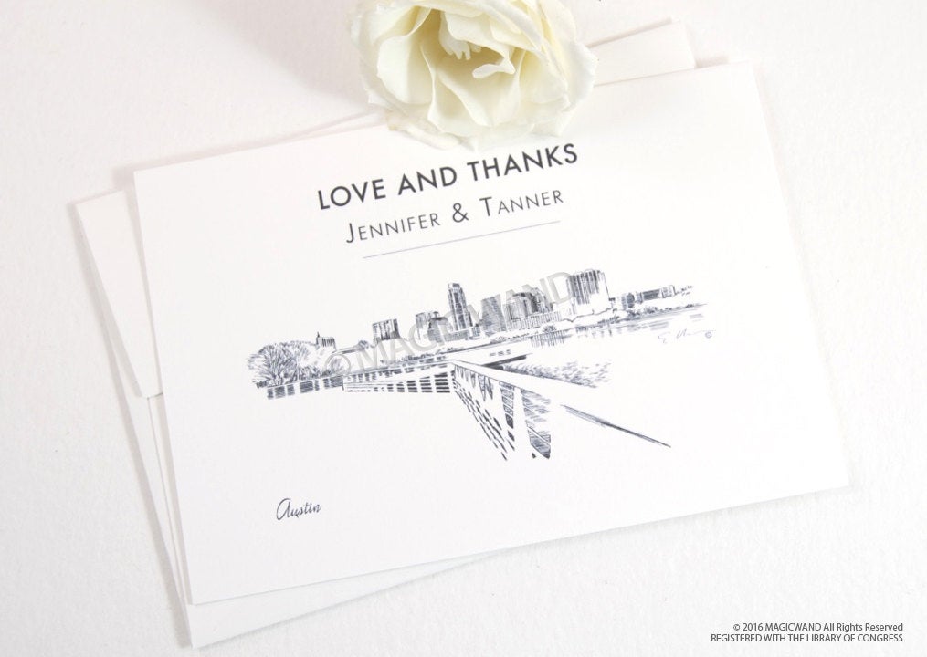 Austin Skyline Wedding Thank You Cards, Personal Note Cards, Bridal Shower Thank you Cards (set of 25 cards)