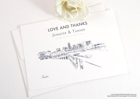 Austin Skyline Wedding Thank You Cards, Personal Note Cards, Bridal Shower Thank you Cards (set of 25 cards)