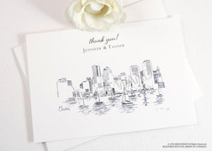 Boston Skyline Wedding Thank You Cards, Personal Note Cards, Bridal Shower Thank you Cards (set of 25 cards)