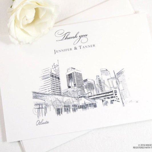 Atlanta Skyline Wedding Thank You Cards, Personal Note Cards, Bridal Shower Thank you Cards (set of 25 cards)