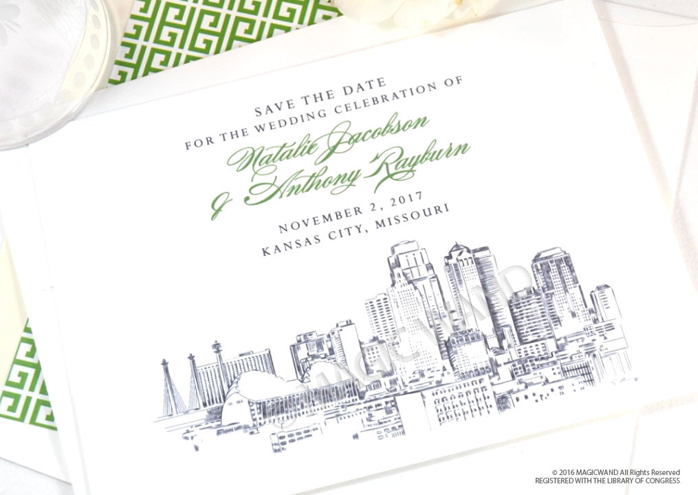 Kansas City Skyline Hand Drawn, Presidents Hotel, Wedding Save the Date Cards (set of 25 cards)
