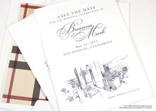 Load image into Gallery viewer, Los Angeles Skyline Hand Drawn Save the Date Cards (set of 25 cards)
