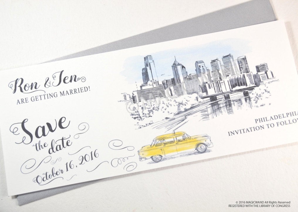 Philadelphia Skyline Whimsical Save the Date Cards , Taxi Watercolor, Wedding (set of 25 cards)