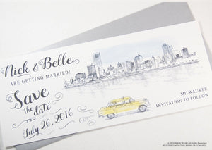 Milwaukee Skyline Whimsical Save the Date Cards , Taxi Watercolor, Wedding (set of 25 cards)