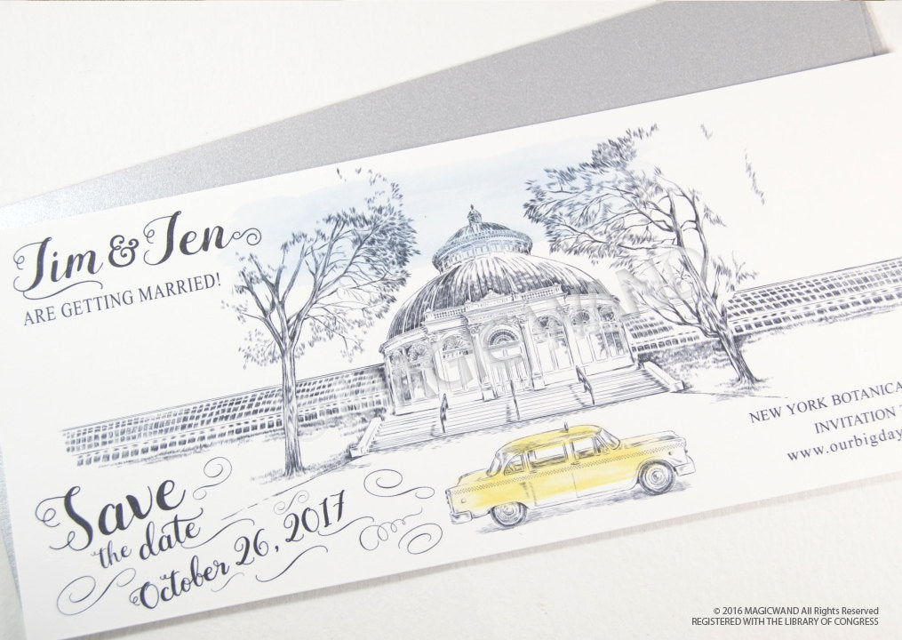 New York Botanical Garden Whimsical Save the Date Cards , Taxi Watercolor, Wedding (set of 25 cards)