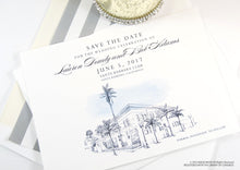 Load image into Gallery viewer, Santa Barbara Club Wedding Save the Date Cards, Venue Save the Dates,  Hand Drawn (set of 25 cards)
