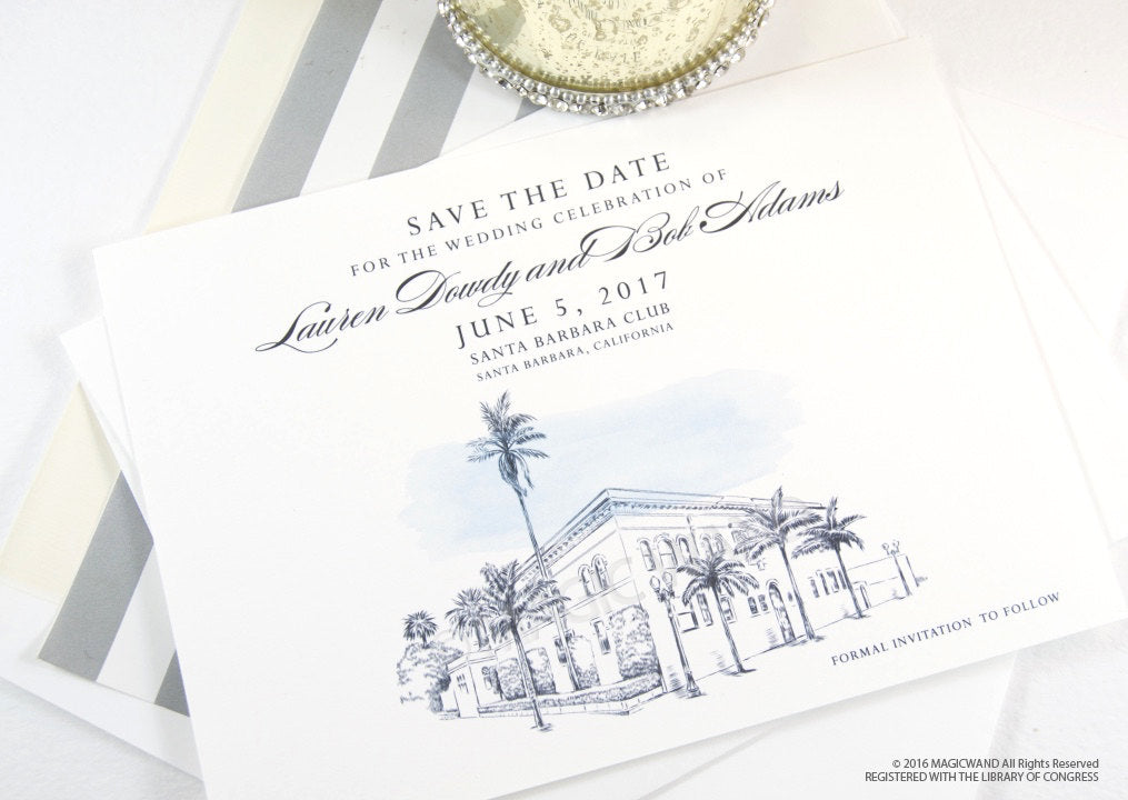 Santa Barbara Club Wedding Save the Date Cards, Venue Save the Dates,  Hand Drawn (set of 25 cards)