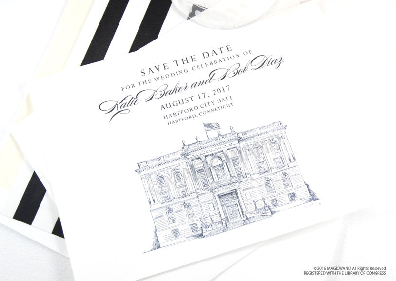 Hartford City Hall Wedding Save the Date Cards, Save the Dates, Connecticut  Wedding, Hand Drawn (set of 25 cards)