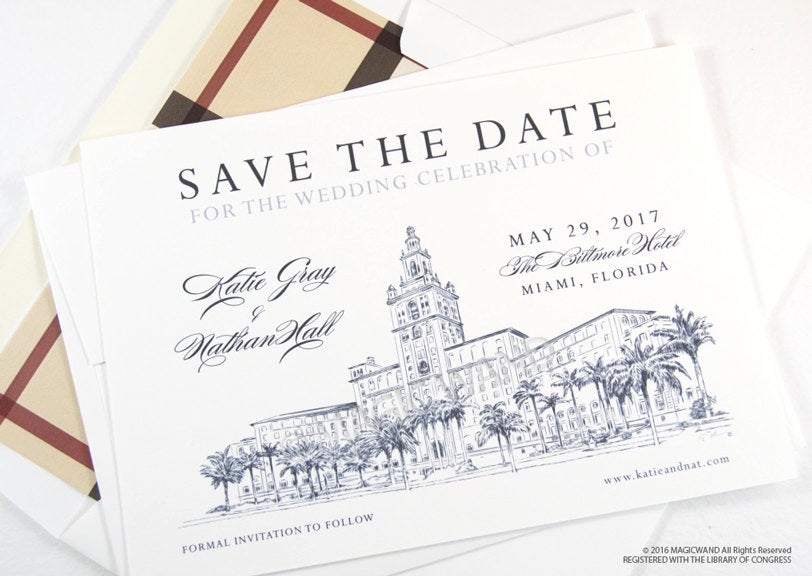 The Biltmore Hotel Miami Wedding Save the Date Cards, Save the Dates, Wedding, Hand Drawn (set of 25 cards)