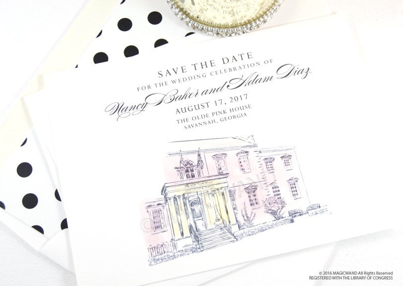 The Olde Pink House Wedding Save the Date Cards, Venue Save the Dates,  Savannah Wedding, Hand Drawn (set of 25 cards)