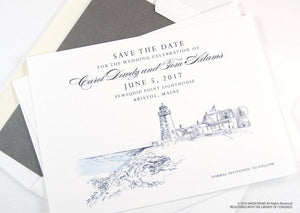 Pemaquid Point Lighthouse Wedding Save the Date Cards, Save the Dates,  Bristol Maine Wedding, Hand Drawn (set of 25 cards)