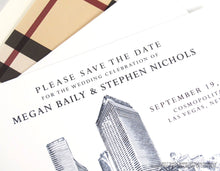 Load image into Gallery viewer, Cosmopolitan Las Vegas Wedding Save the Date Cards, Save the Dates, Vegas Skyline, Wedding, Hand Drawn (set of 25 cards and envelopes)

