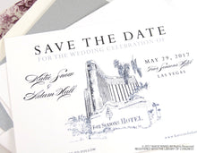 Load image into Gallery viewer, Four Seasons Resort Las Vegas Wedding Save the Date Cards, Save the Dates, Vegas Skyline, Hand Drawn (set of 25 cards and envelopes)
