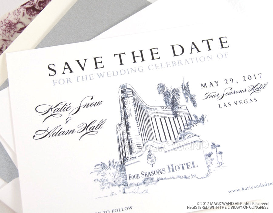 Four Seasons Resort Las Vegas Wedding Save the Date Cards, Save the Dates, Vegas Skyline, Hand Drawn (set of 25 cards and envelopes)