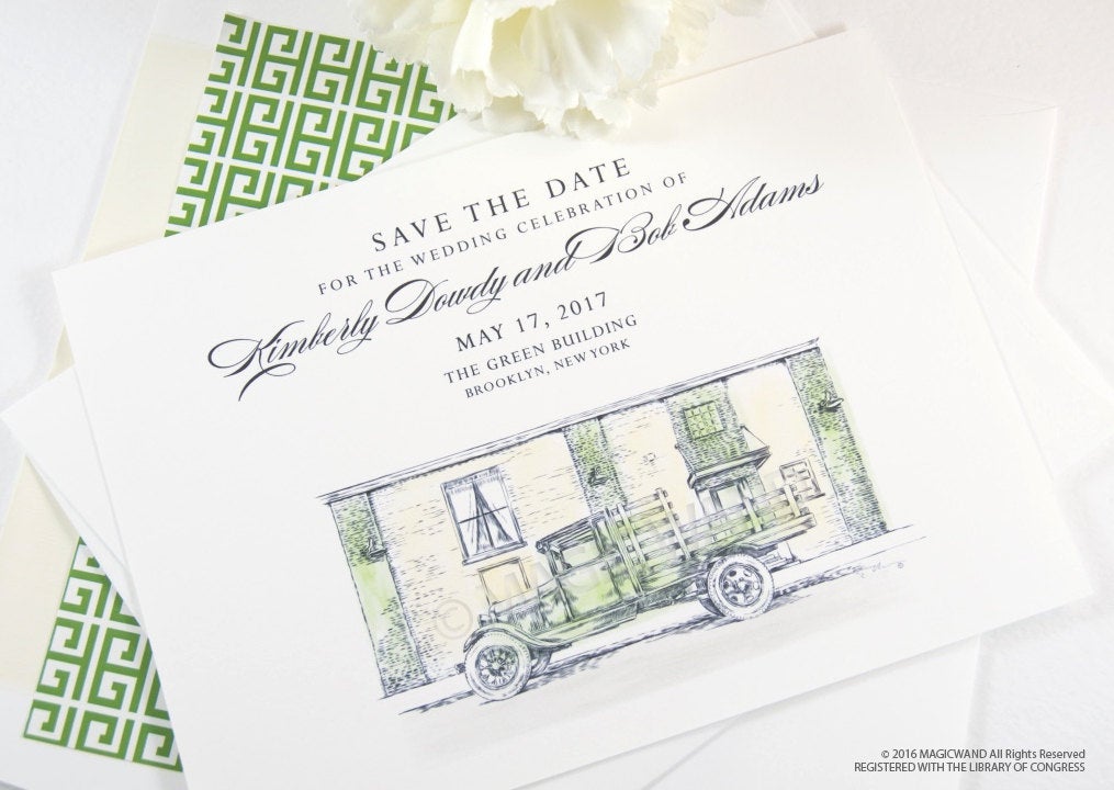 The Green Building, Brooklyn Wedding Save the Date Cards, Save the Dates, Wedding, Hand Drawn (set of 25 cards)