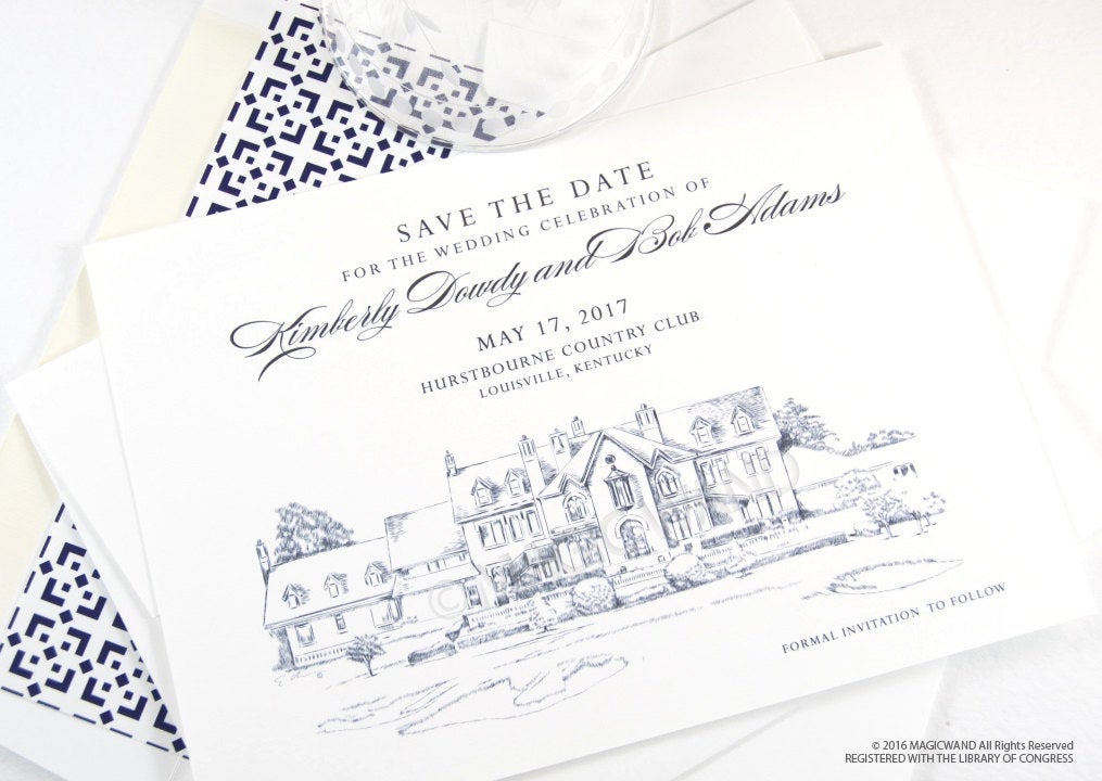 Hurstbourne Country Club, Louisville Kentucky Wedding Save the Date Cards, Save the Dates, Wedding, Hand Drawn (set of 25 cards)