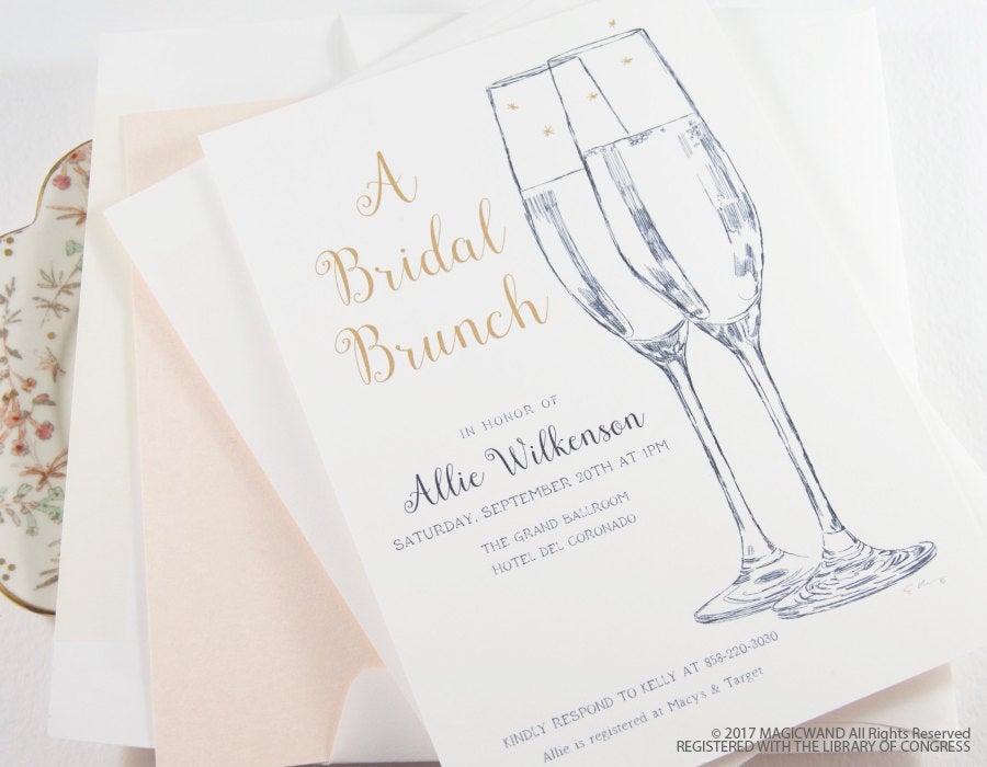 Champagne Glasses Bridal Shower Invitations Hand Drawn (set of 25 cards & envelopes)