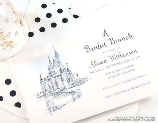 Disney World Castle Bridal Shower Invitations, Fairytale Wedding, Disney, Hand Drawn (set of 25 cards & envelopes)