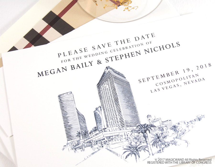 Cosmopolitan Las Vegas Wedding Save the Date Cards, Save the Dates, Vegas Skyline, Wedding, Hand Drawn (set of 25 cards and envelopes)