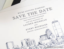 Load image into Gallery viewer, Boston Wedding, Boston Save the Date Cards, Save the Dates, Boston Skyline, Hand Drawn (set of 25 cards &amp; envelopes)
