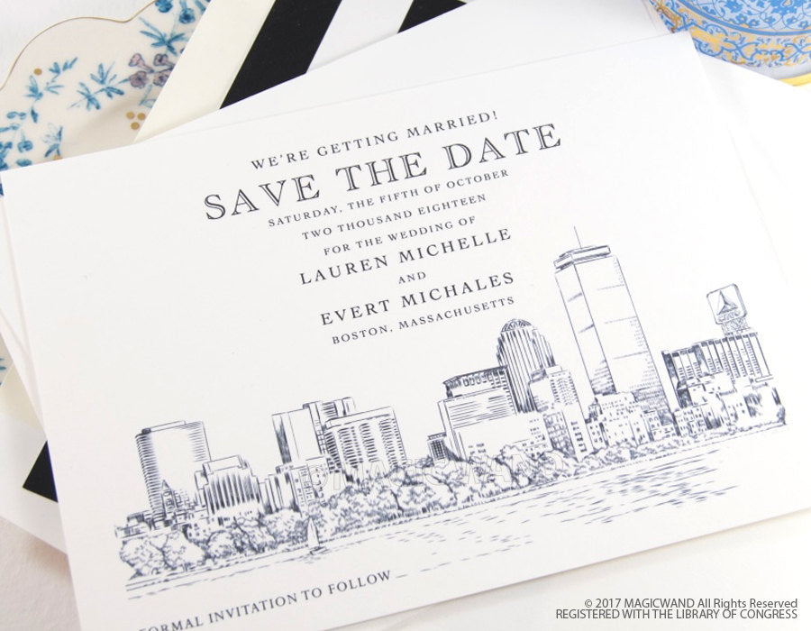 Boston Wedding, Boston Save the Date Cards, Save the Dates, Boston Skyline, Hand Drawn (set of 25 cards & envelopes)