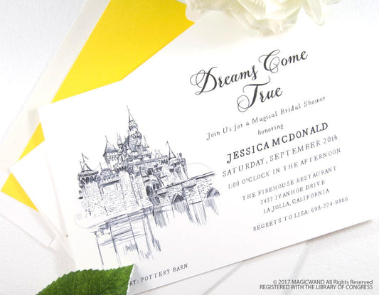 Disneyland Castle Bridal Shower Invitations, Fairytale Wedding, Disney, Hand Drawn (set of 25 cards & envelopes)