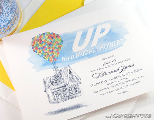 UP Bridal Shower Invitations, UP house, Balloons, Fairytale Wedding, Disney bridal shower, Hand Drawn (set of 25 cards & envelopes)