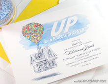 Load image into Gallery viewer, UP Bridal Shower Invitations, UP house, Balloons, Fairytale Wedding, Disney bridal shower, Hand Drawn (set of 25 cards &amp; envelopes)
