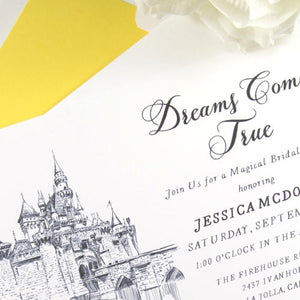 Disneyland Castle Bridal Shower Invitations, Fairytale Wedding, Disney, Hand Drawn (set of 25 cards & envelopes)