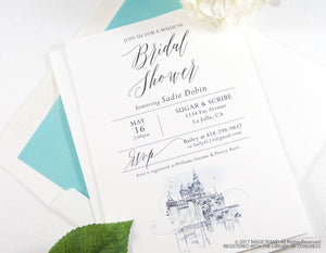 Disneyland Castle Bridal Shower Modern Invitations, Fairytale Wedding, Disney, Hand Drawn (set of 25 cards & envelopes)