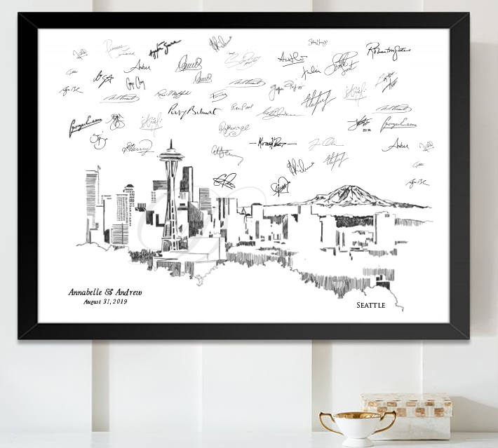 Seattle Skyline Guestbook Print, Guest Book, Bridal Shower, Seattle Wedding, Custom, Alternative Guest Book, Sign-in (8 x 10 - 24 x 36)