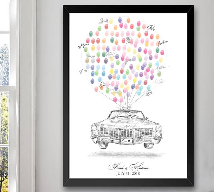 Vintage Cadillac Thumbprint Guestbook Print, Fingerprint Guest Book, Wedding, Bridal Shower, Family Reunion, Alternative (8 x 10- 24 x 36)