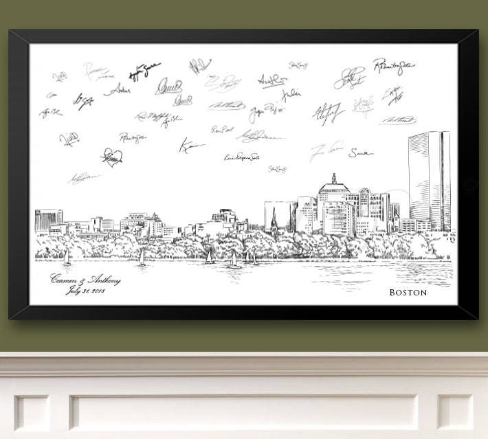 Boston Skyline View 3 Guestbook Print, Guest Book, Bridal Shower, Wedding, Custom, Alternative, Wedding Sign-in (8 x 10 - 24 x 36)