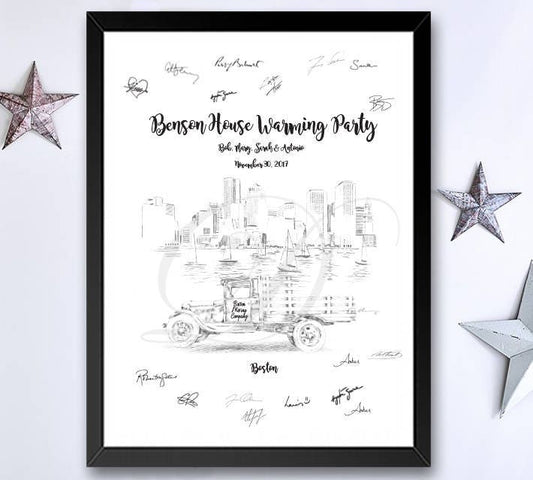 House Warming City Skyline and Moving Truck Guestbook Print, Guest Book, Bridal Shower, Birthday, Custom, Alternative, (8 x 10 - 24 x 36)