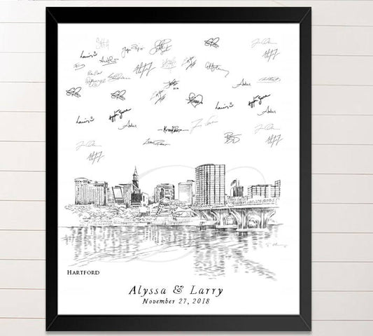 Hartford, Connecticut Skyline Guestbook Print, Guest Book, Bridal Shower, Wedding, Custom, Alternative Guest Book  (8 x 10 - 24 x 36)