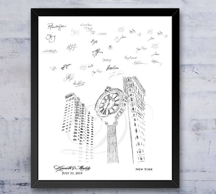 NYC 5th Ave Clock Skyline Guestbook Print, New York, Guest Book, Bridal Shower, Wedding, Custom, Alternative, Baby Shower, Family Reunion