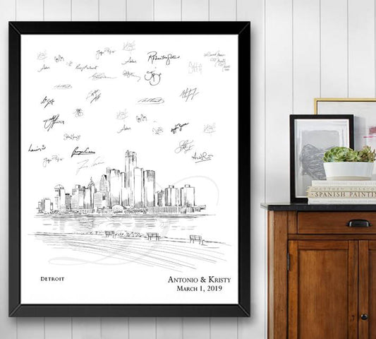 Detroit Skyline Guestbook Print, Michigan, Guest Book, Bridal Shower, Wedding, Custom, Alternative, Baby Shower, Family Reunion FREE PEN