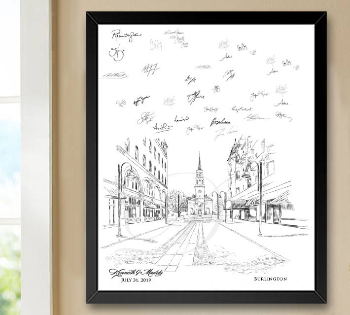 Burlington Skyline Guestbook Print, Vermont, Guest Book, Bridal Shower, Wedding, Custom, Alternative, Baby Shower, Family Reunion FREE PEN