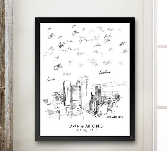 Los Angeles Skyline Guestbook Print, LA Guest Book, Bridal Shower, Wedding, Custom, Alternative, Baby Shower, Family Reunion FREE PEN